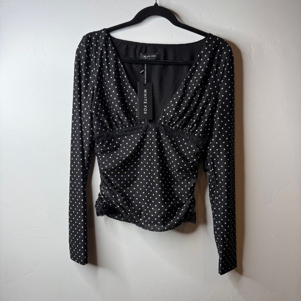 NWT White Fox Clear As Day Polka Dot Mesh Top Black Long Sleeve Ruched Size L